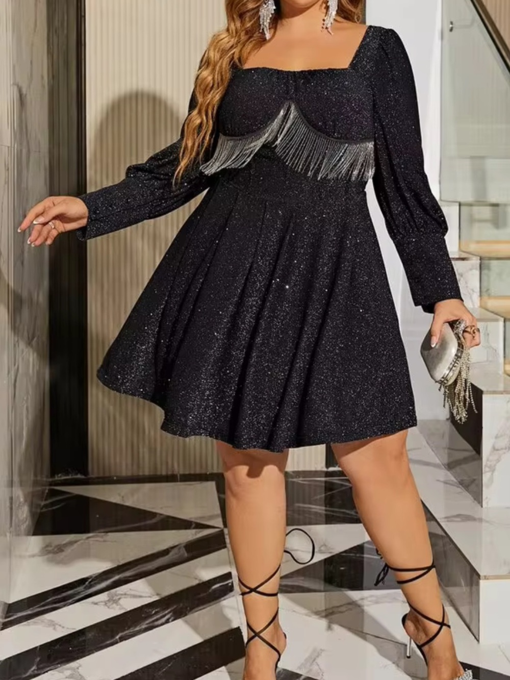 Glamaker Sparkle Fringe Long-Sleeve Fit & Flare Dress